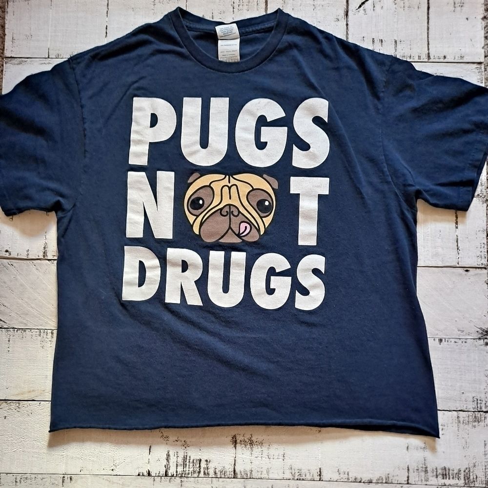 Delta Apparel Pugs Not Drugs Tee Blue White Letters Large